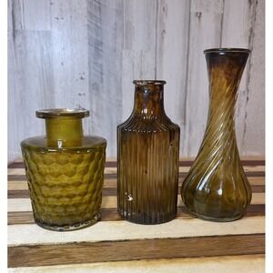 Amber Glass Bud Vases Set Of 3 Small 6", 5" And 4" Vintage